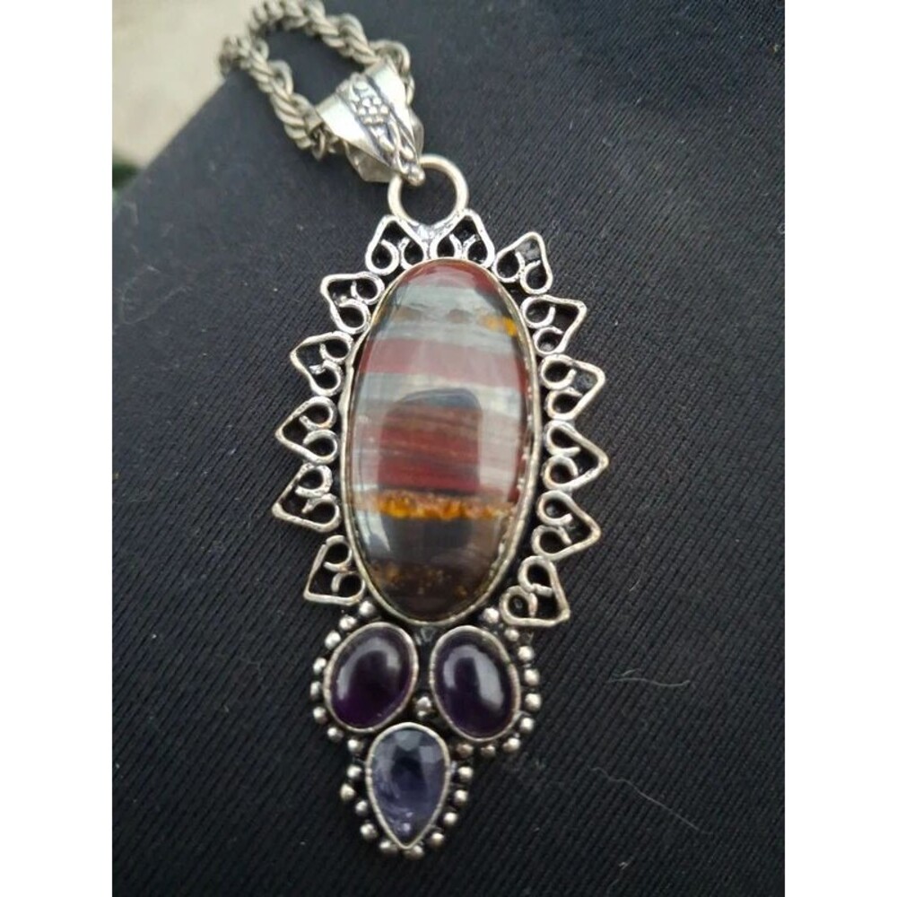 Whimsigoth Boho Chic Tiger Iron Amethyst Statement Pendant Amulet